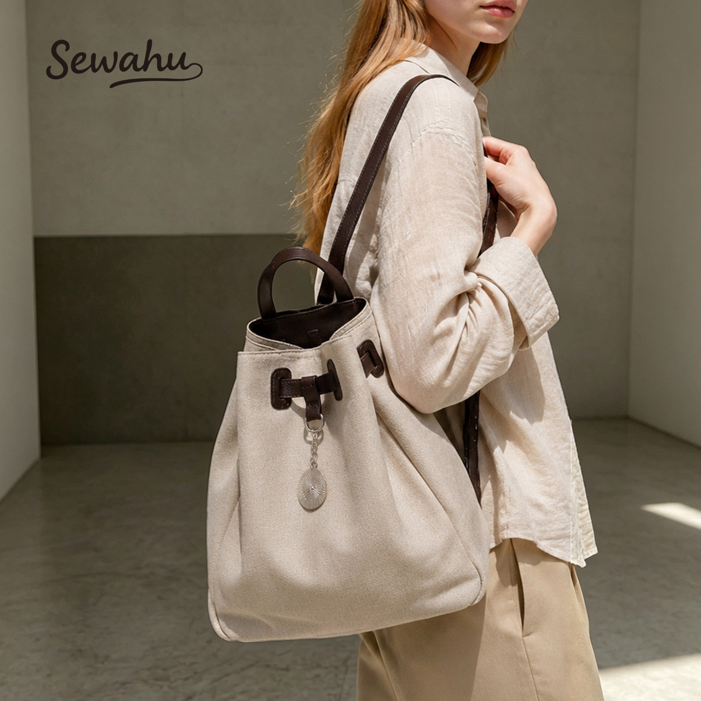SEWAHU简约亚麻双肩包女包