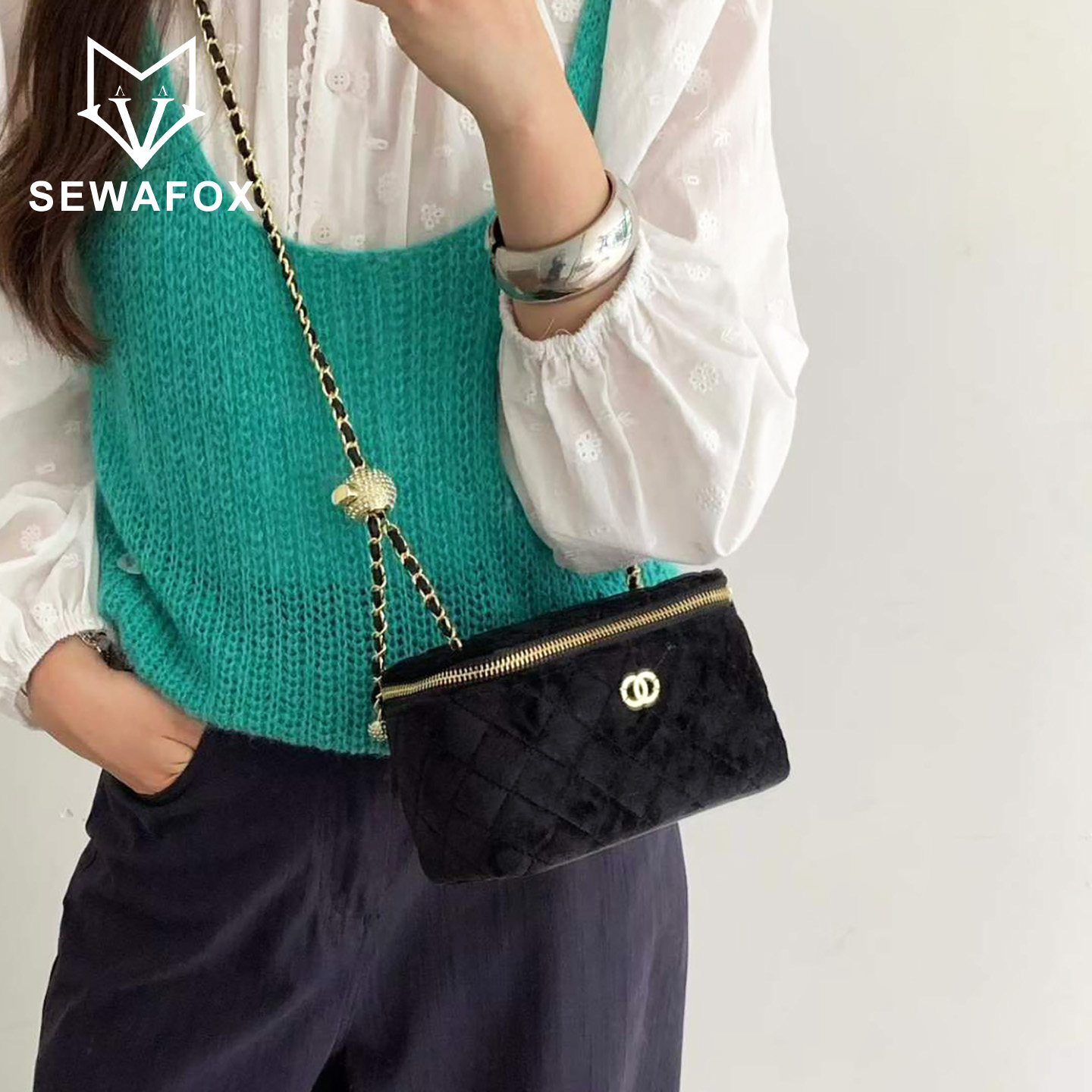 SEWAFOX小香风丝绒圆筒包女包