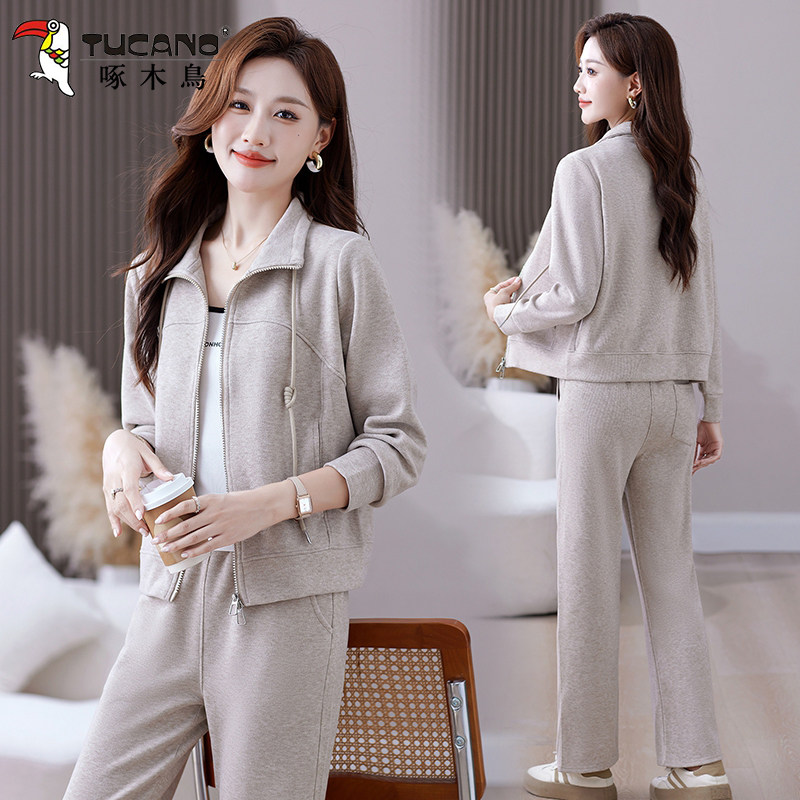 啄木鸟女士运动套装春秋2025新款妈妈时尚洋气减龄开衫休闲三件套