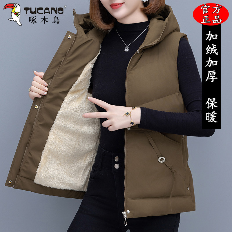 啄木鸟连帽棉马甲女士秋冬季2025新款坎肩背心加绒加厚保暖外套女