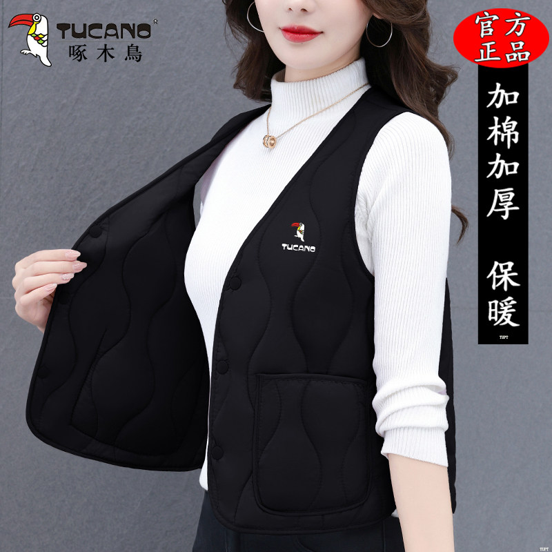 啄木鸟2025新款棉马甲女士时尚高档短款保暖秋冬修身背心妈妈坎肩