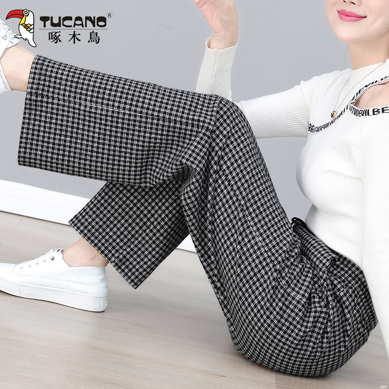 啄木鸟春秋窄版阔腿裤新款小个子高腰显瘦仿牛仔格子休闲直筒卫裤