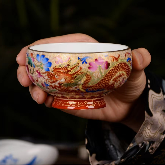 景德镇纯手工胎手绘高温龙凤对杯功夫茶具掐丝珐琅高端高档銮金男