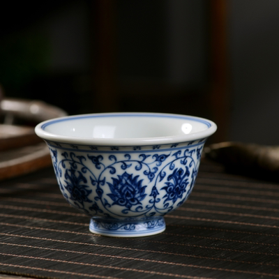 景德镇柴烧手工盖碗手绘青花茶具高档高端品茗杯主人杯高温瓷送人