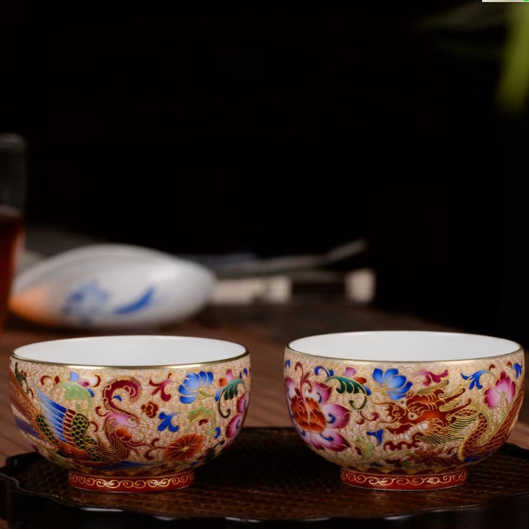 景德镇纯手工胎手绘高温龙凤对杯功夫茶具掐丝珐琅高端高档銮金女