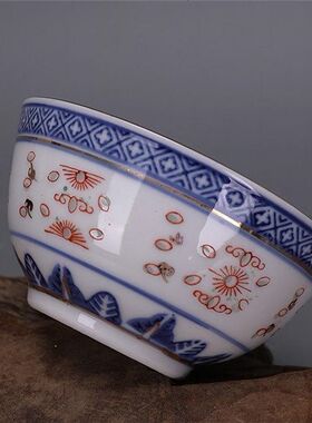 特价文革厂货青花玲珑加彩餐具
