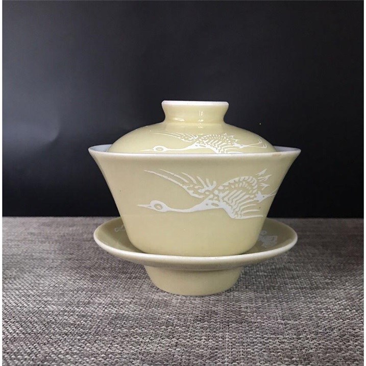 景德镇十大老厂货 早期建国瓷厂粉彩手绘堆云飞鹤盖碗 包老保真