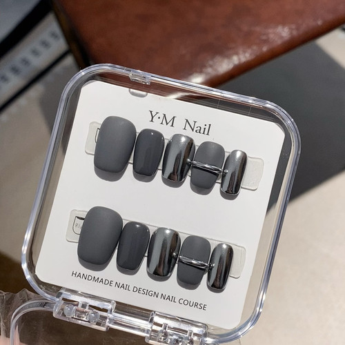 媛满【墙腻子】磨砂魔镜粉纯手工穿戴式美甲长短水泥灰色款