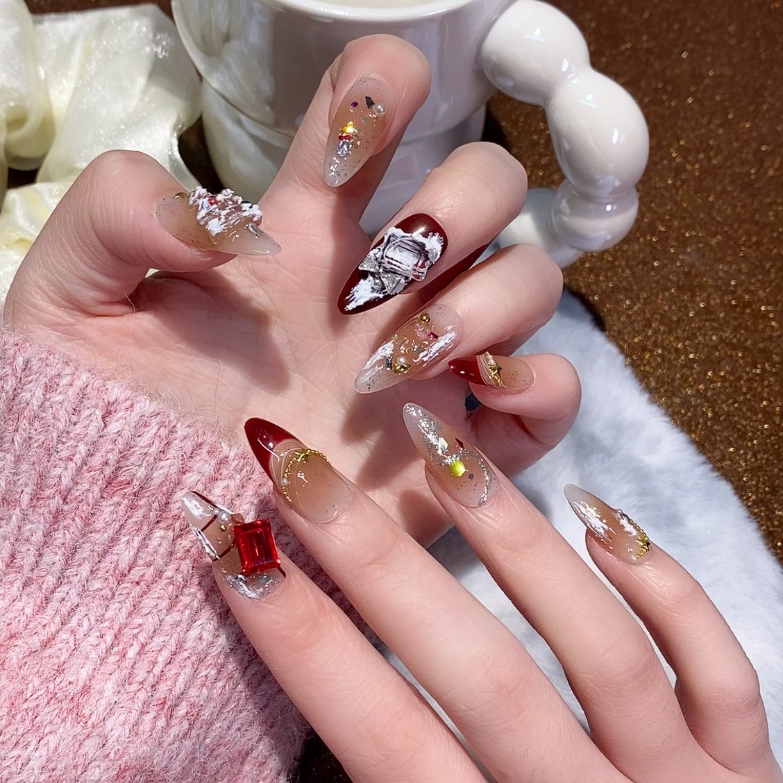 媛满【诞愿有你】冬日高级感气质纯欲裸色纯手工中长秋冬新年款