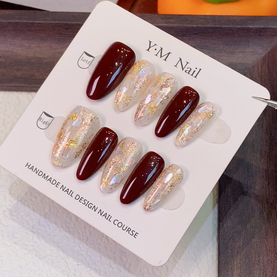 媛满【酒红贝光】醋酸美甲多彩贝母晕染纯手工穿戴美甲短款新款