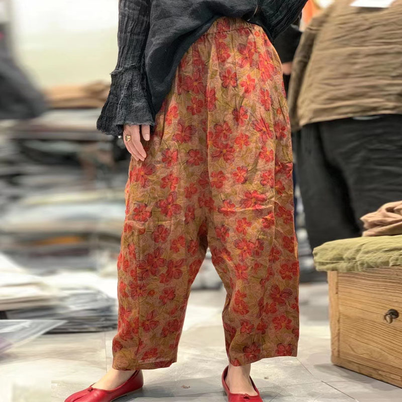 忆古朴拙印花棉麻休闲裤复古宽松休闲宽松通勤小众百搭女裤子