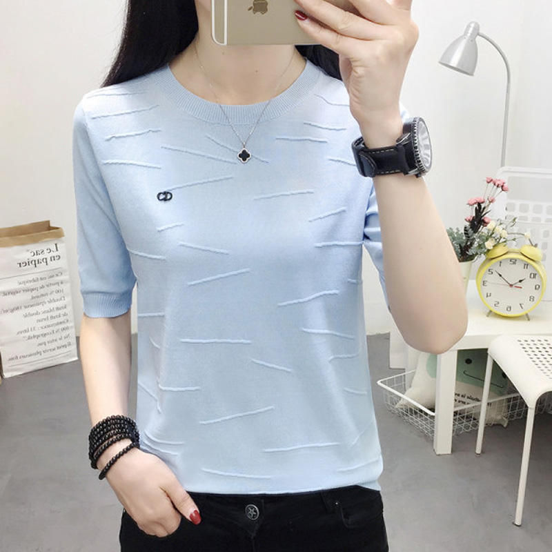 冰丝针织衫女短袖薄款女装新款潮2025夏季韩版ins潮白色T恤女上衣