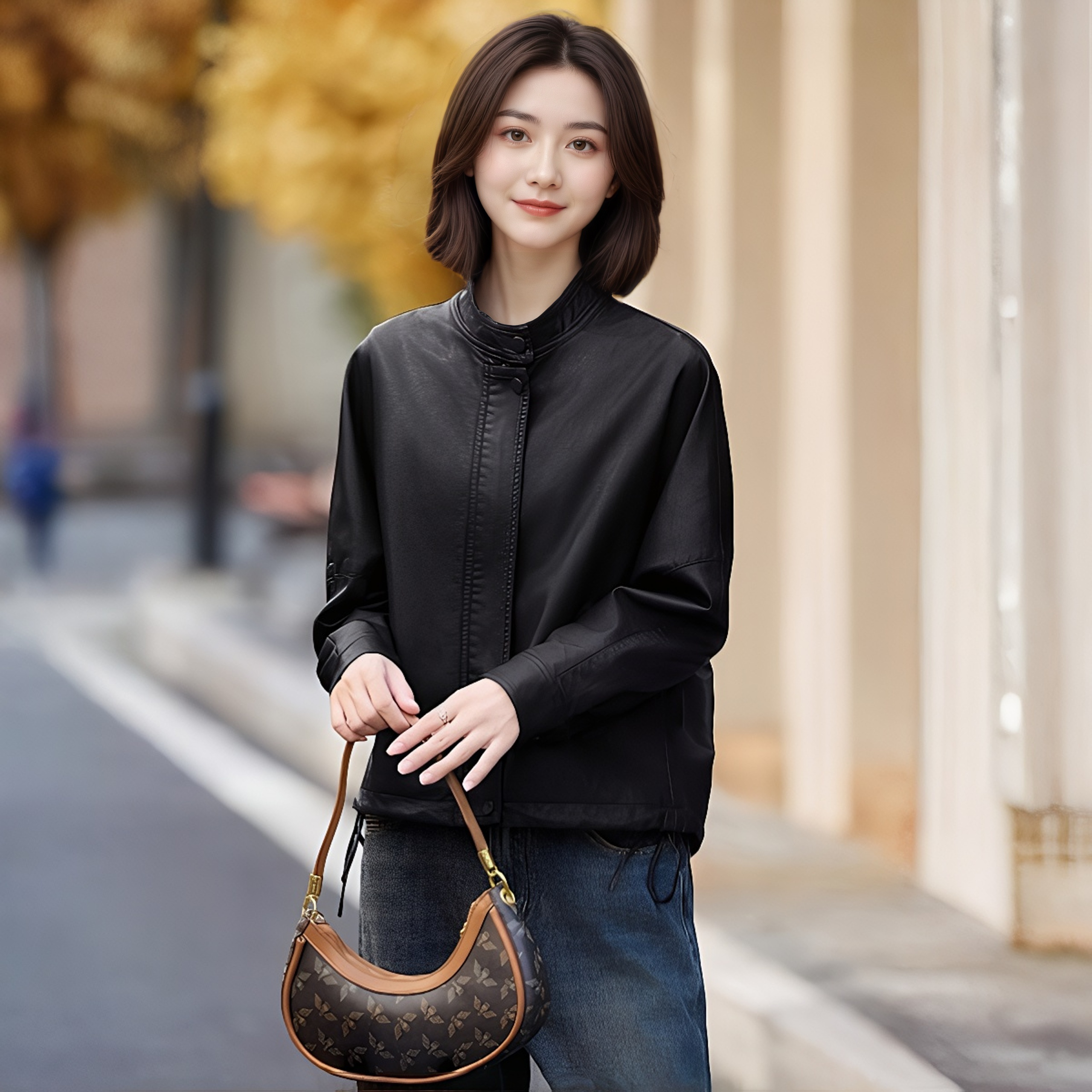 美拉德皮衣外套女早秋简约新款短款宽松休闲复古PU皮机车夹克上衣