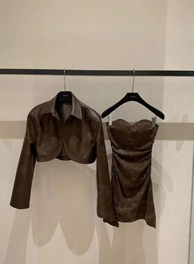 辣妹套装女2024秋新款小性感抹胸裙短款pu皮衣外套ins气质两件套