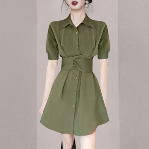 KM15768#新款夏季女装法式高级感收腰显瘦连衣裙气质单排扣衬衫裙