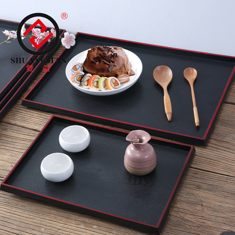 双剑防滑日式托盘酒店餐具用品仿木纹塑料餐盘茶盘长方形家用菜盘