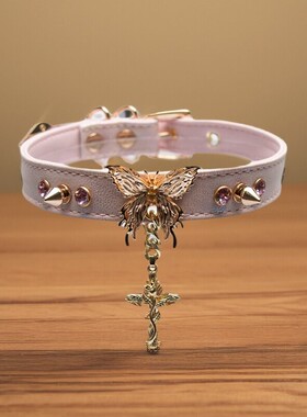 Aura Collar手作蝴蝶铆钉十字架挂坠女颈带真皮choker项圈牵引绳