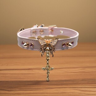 Aura Collar手作蝴蝶铆钉十字架挂坠女颈带真皮choker项圈牵引绳