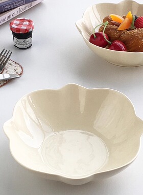 Annie Garden 外贸出口 法式轻奢高颜值陶瓷奶黄花朵边碗沙拉汤碗