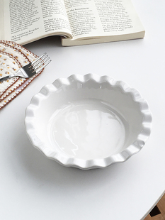 北欧ins白色波浪花边粗陶泥底部陶瓷菜盘 外贸原单 Annie Garden