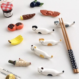 日式 外贸出口 ins可爱猫咪水果菜陶瓷釉下彩筷勺架 Garden Annie