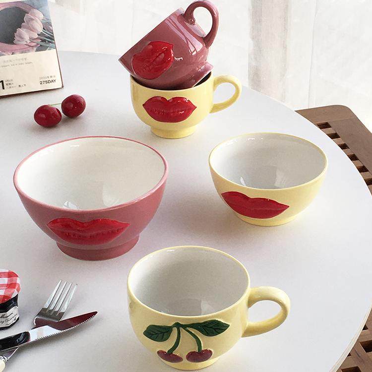 Annie Garden 外贸尾单 可爱红唇浮雕手绘陶瓷高颜值马克杯饭汤碗,餐饮具,马克杯,淘宝优惠券,粉丝福利购,淘宝优惠卷