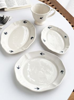 Annie Garden  出口订单 日本ins设计款燕子浮雕手绘陶瓷碟子餐盘