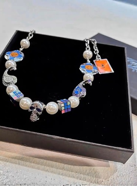 原创设计小众潮牌珍珠骷髅项链男吊坠嘻哈国潮锁骨链配饰情侣ins