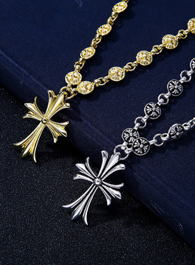 新款克罗伈十字架项链复古吊坠嘻哈项链百搭潮男女毛衣链小众设计