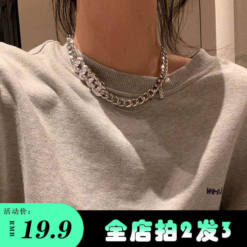 新款辣妹超A嘻哈卫衣链闪钻粗项链女古巴链甜酷链子钛钢欧美
