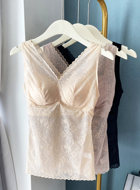 春季4501新款蕾丝V领打底背心女带内杯免穿文胸修身显瘦上衣聚拢