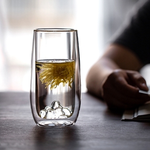 双层观山杯隔热玻璃杯高档泡龙井绿茶杯专用茶杯子透明简约茶杯