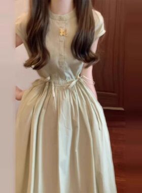 法式超好看绿色掐腰衬衫连衣裙女夏季高级感收腰显瘦气质a字长裙