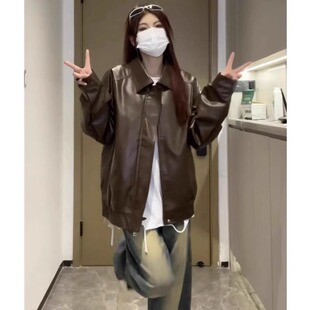 hiphop高街夹克机车棒球服 美式 复古棕色PU皮衣外套女春秋2023新款