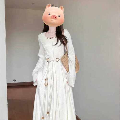 秋季收腰喇叭长袖肌理感长裙