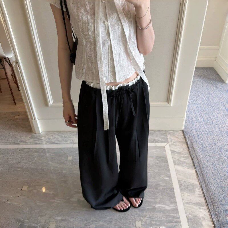 夏季百搭高腰黑色阔腿拖地女裤