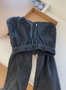 黑灰色满天星烫钻高腰运动卫裤女士2026新款休闲直筒阔腿梧桐裤子