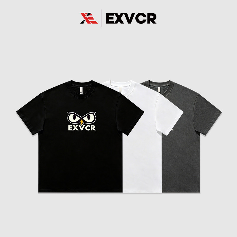 EXVCR国潮情侣装重磅纯棉落肩短袖T恤男士夏季半袖夜光猫头鹰字母