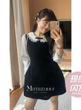 现货米米子微胖大码胖mm “rosy私服”娃娃领丝绒假两件连衣裙