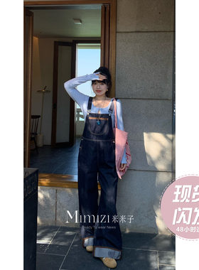 现货米米子微胖大码胖mm 休闲别致清新纽扣高腰直筒牛仔背带裤春