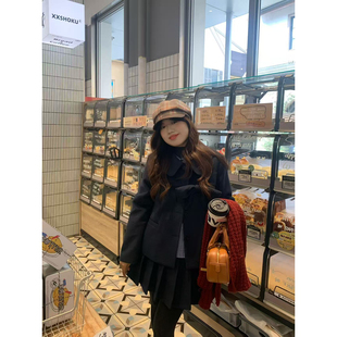 米米子微胖大码胖mm 休闲高腰娃娃领短款藏青色毛呢外套半裙套装