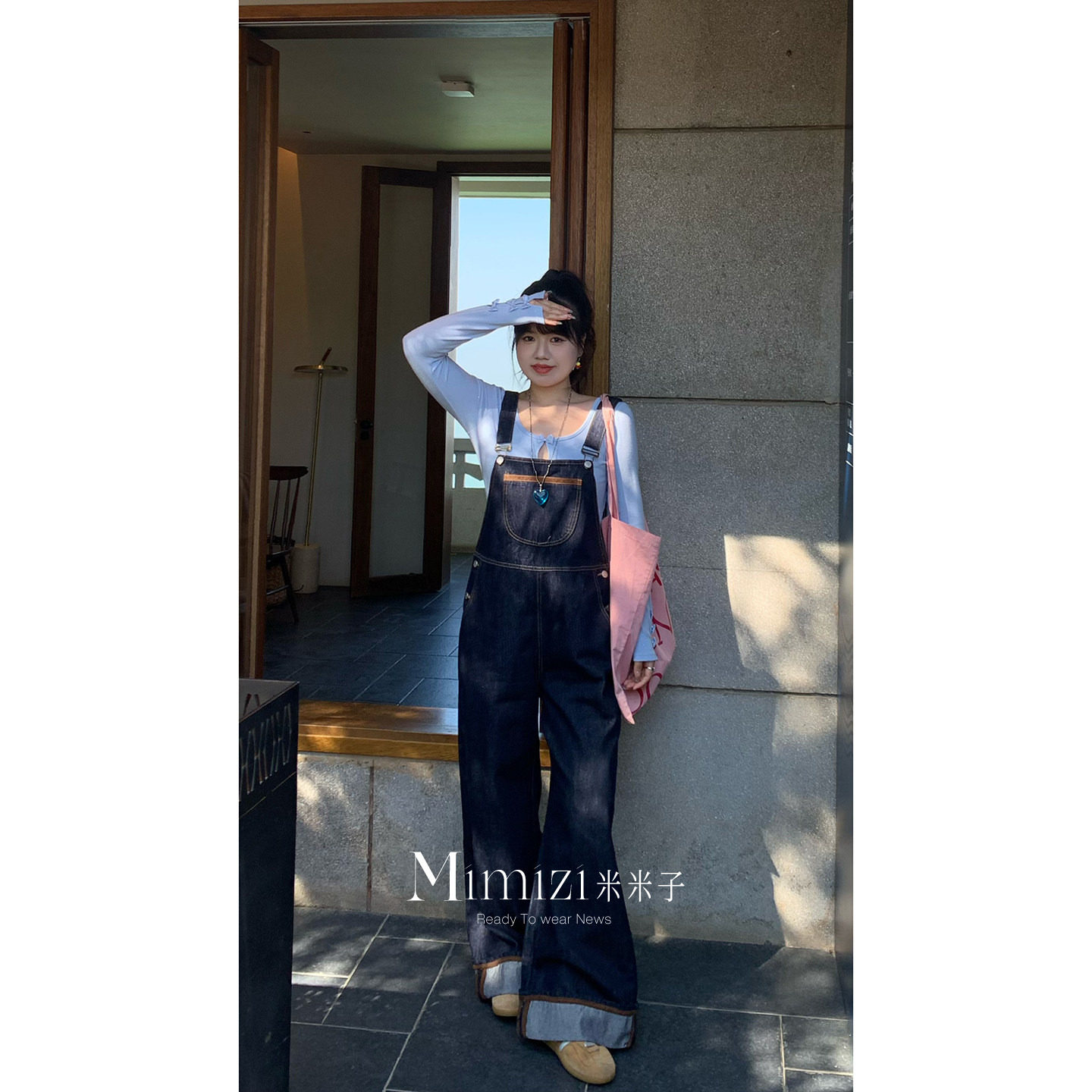 米米子微胖大码胖mm 休闲别致清新时尚纽扣高腰直筒牛仔背带裤春