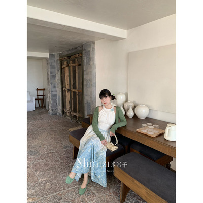 米米子微胖大码胖mm“蓝烟碎影”复古刺绣收腰显瘦烧花晕染长裙春