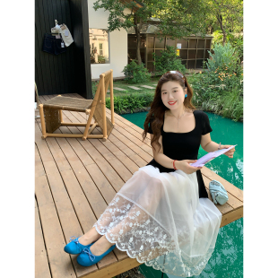 米米子微胖大码 气质甜美拼接立体花朵蕾丝半身裙 胖mm 夏栀初绽