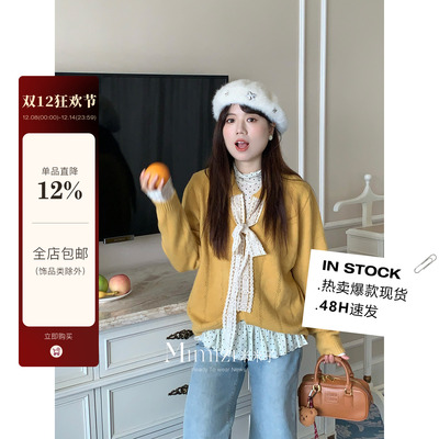 米米子微胖大码胖mm“一颗Orange”学院风蝴蝶结系带毛衣上衣女秋