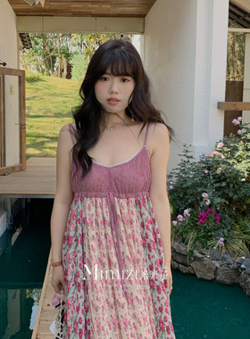 米米子微胖大码胖mm“椿田花事簿”中古风无袖修身拼接碎花连衣裙