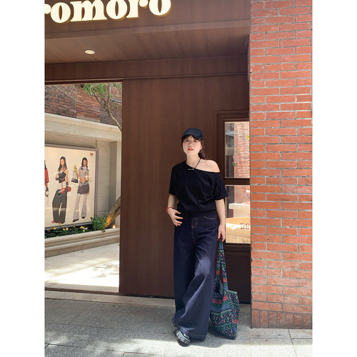 米米子微胖大码胖mm“叛逆丹宁”复古收腰显瘦深蓝A字阔腿牛仔裤