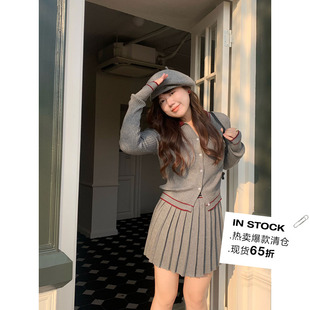 女秋新品 米米子微胖大码 休闲撞色百褶裙毛衣套装 胖mm 校阅女孩