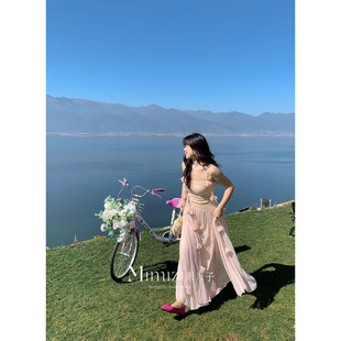 米米子微胖大码胖mm“花神瑰夏”甜美收腰手工花飘带无袖连衣裙春