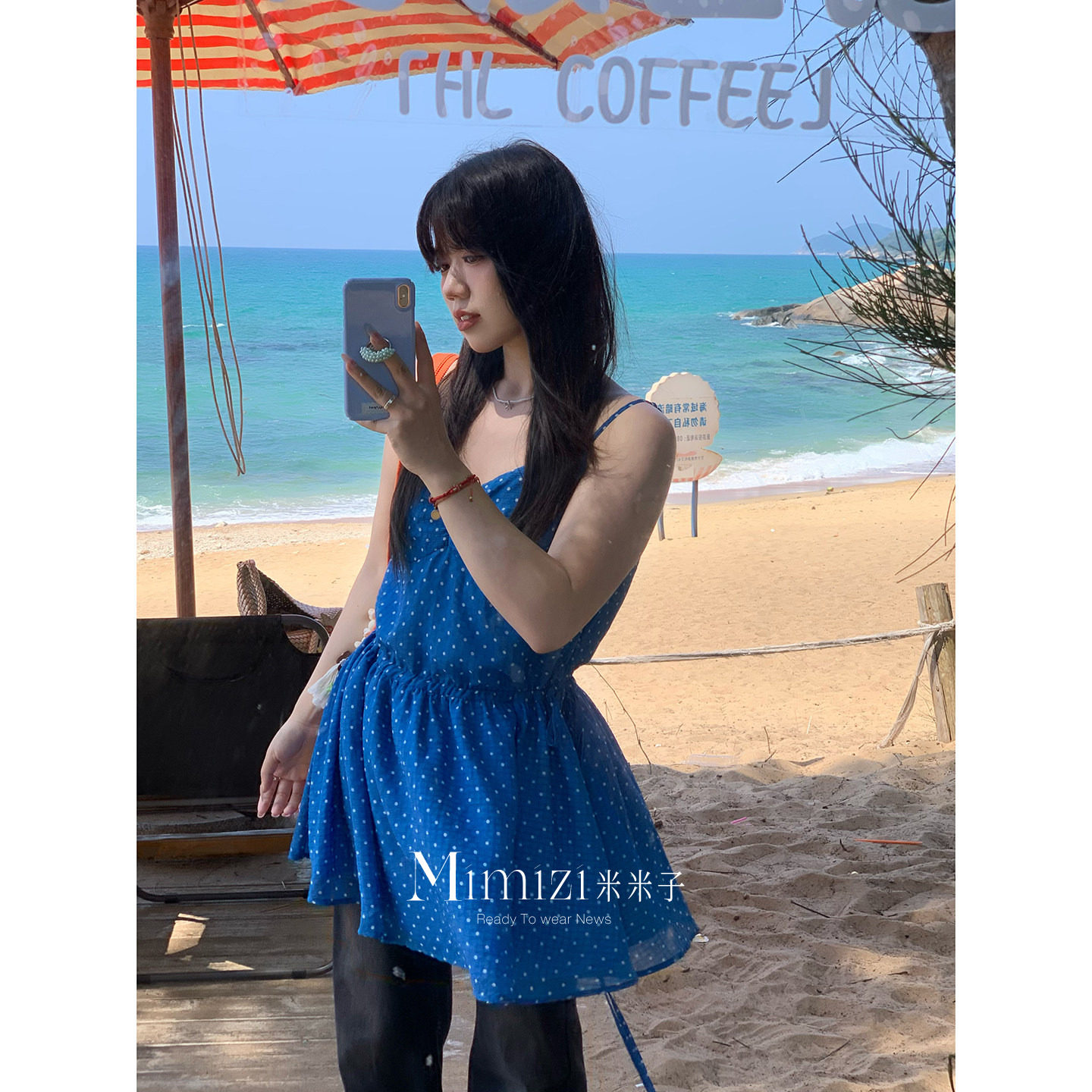 米米子微胖大码胖mm“海蓝狂想曲”休闲甜美宽松克莱因蓝波点吊带